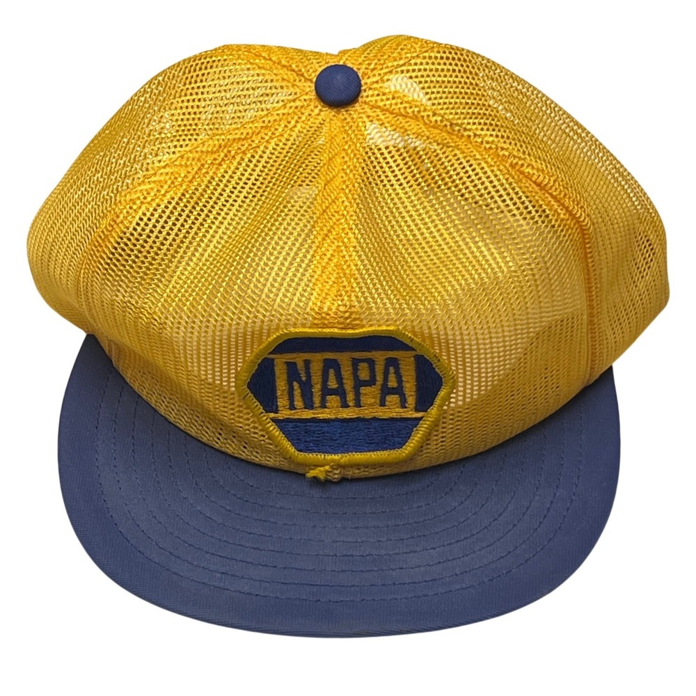 Vintage NAPA Auto Parts Trucker Hat Mens Yellow Blue Mesh Snapback Cap Racing